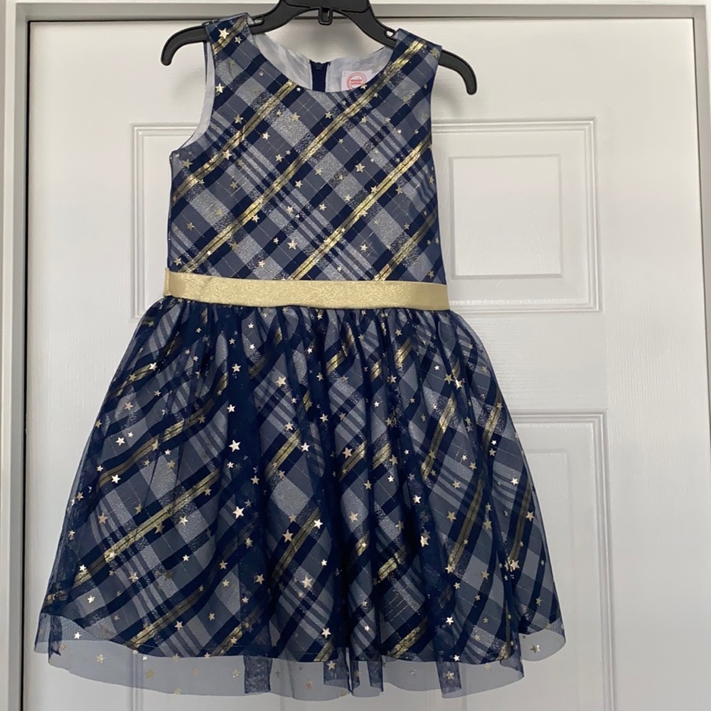Navy and gold dress with tie belt and mesh skirt overlay; worn twice, like new